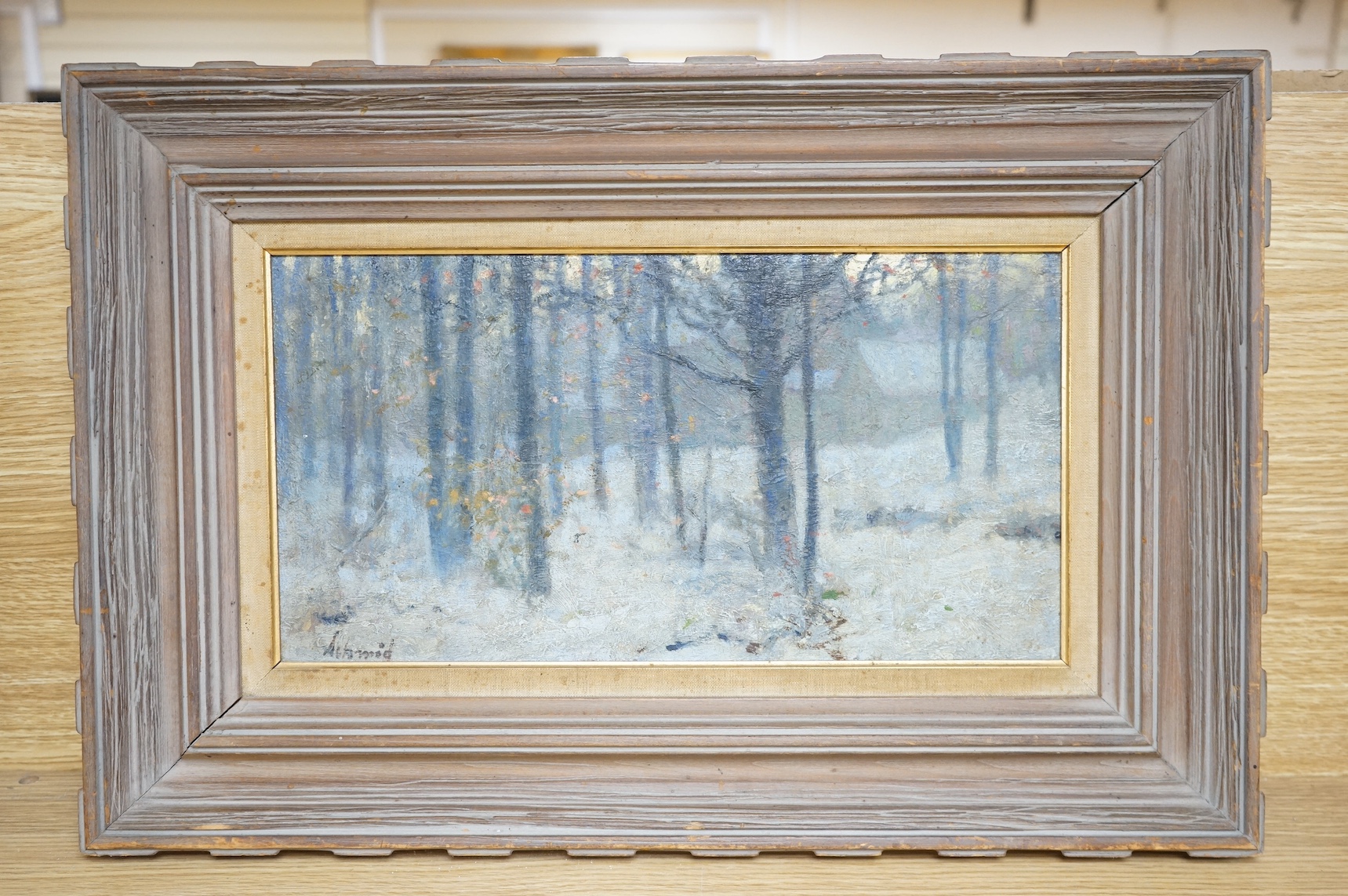 Richard Schmid (American, 1934-2021), oil on board, Winter landscape, signed, inscribed Connecticut 1960 verso, 18 x 35cm. Condition - fair, would benefit from a clean